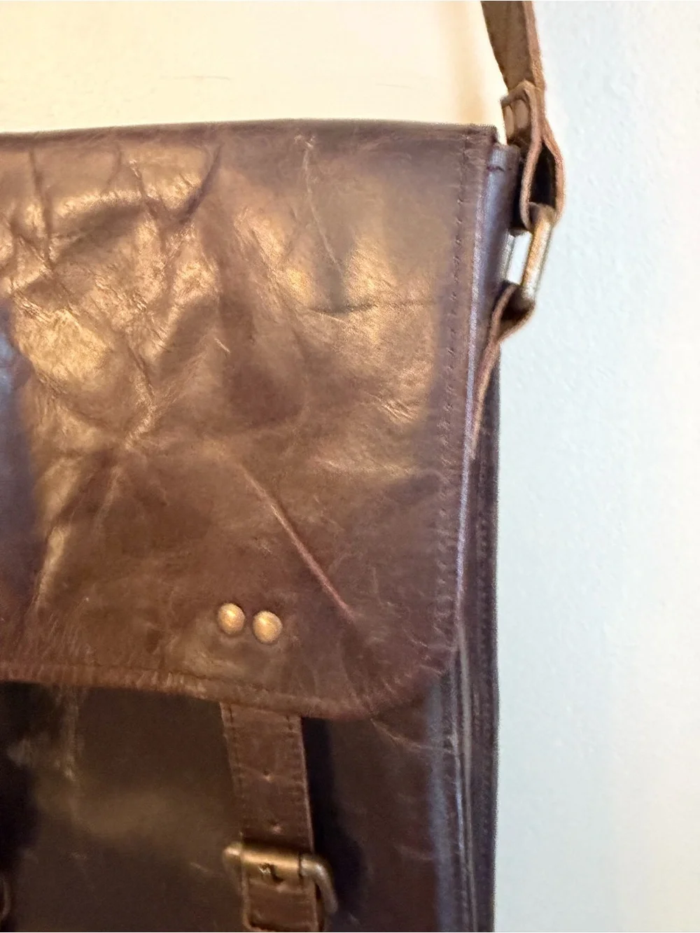 Vtg Waxed Leather Messenger Bag Crossbody Green Canvas Interior Brass Hardware